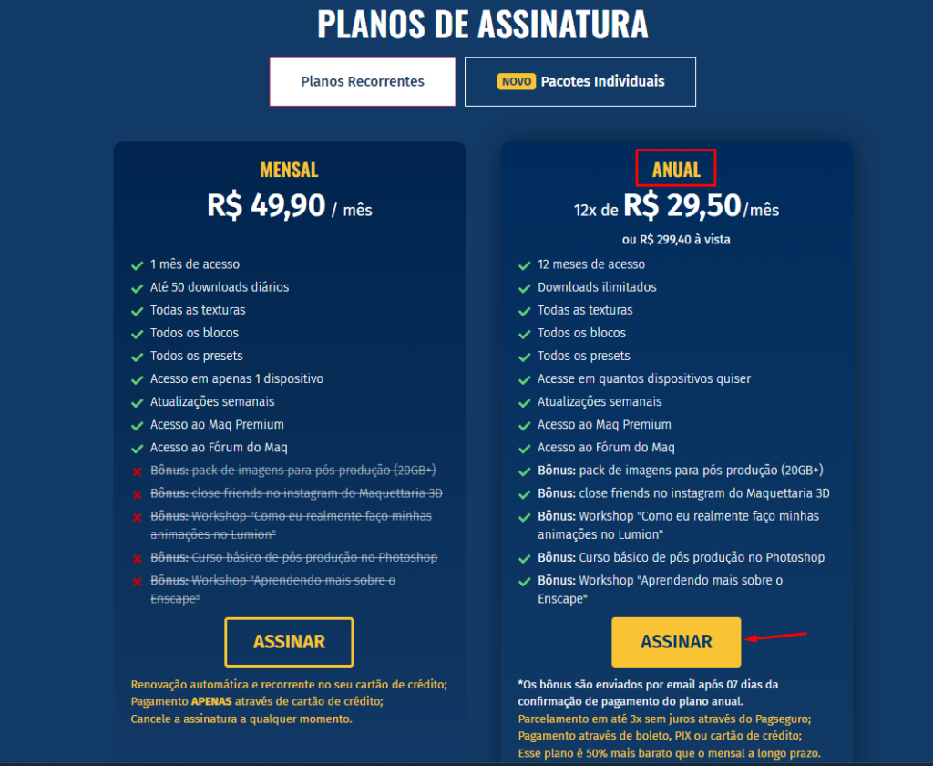 Página de assinatura do plano anual - Maquettaria 3D