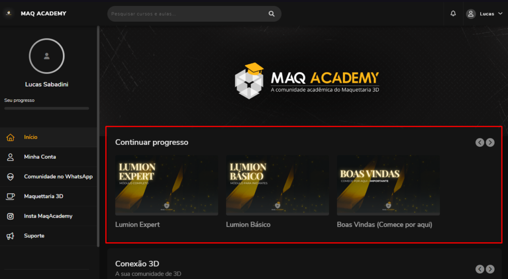 Progresso de cursos na página inicial do Maq Academy